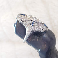 Platinum Diamond & Sapphire estate Art Deco c.20's filigree glove shield Ring
