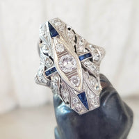 Platinum Diamond & Sapphire estate Art Deco c.20's filigree glove shield Ring