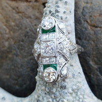 Platinum Deco c.20's Emerald & Diamond estate filigree glove shield Ring