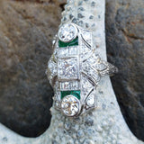 Platinum Deco c.20's Emerald & Diamond estate filigree glove shield Ring