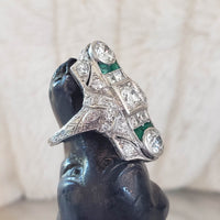 Platinum Deco c.20's Emerald & Diamond estate filigree glove shield Ring