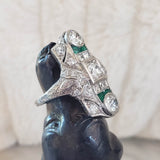 Platinum Deco c.20's Emerald & Diamond estate filigree glove shield Ring