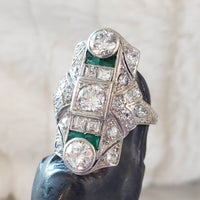 Platinum Deco c.20's Emerald & Diamond estate filigree glove shield Ring
