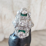 Platinum Deco c.20's Emerald & Diamond estate filigree glove shield Ring