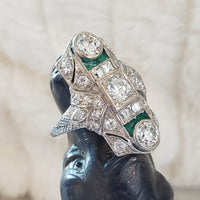 Platinum Deco c.20's Emerald & Diamond estate filigree glove shield Ring