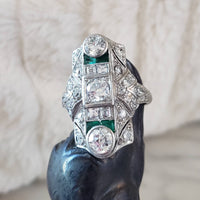 Platinum Deco c.20's Emerald & Diamond estate filigree glove shield Ring