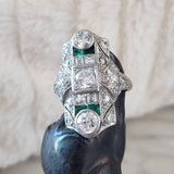 Platinum Deco c.20's Emerald & Diamond estate filigree glove shield Ring