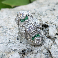 Platinum Deco c.20's Emerald & Diamond estate filigree glove shield Ring