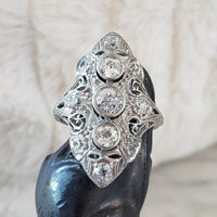 Platinum Diamond estate Art Deco c.20's filigree glove shield Ring