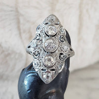 Platinum Diamond estate Art Deco c.20's filigree glove shield Ring