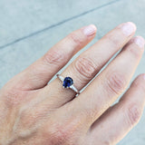 14k white gold pear shape blue sapphire & diamond baguette estate engagement ring