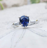 14k white gold pear shape blue sapphire & diamond baguette estate engagement ring
