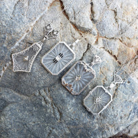 14k white gold Deco c.20's etched quartz crystal diamond pendant necklace