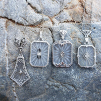 14k white gold Deco c.20's etched quartz crystal diamond pendant necklace