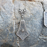 14k white gold Deco c.20's etched quartz crystal diamond pendant necklace