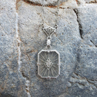 14k white gold Deco c.20's etched quartz crystal diamond pendant necklace