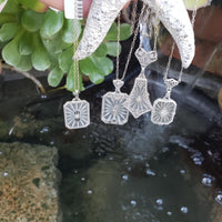 14k white gold Deco c.20's etched quartz crystal diamond pendant necklace