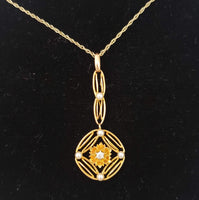 10k gold Victorian diamond & pearl necklace pendant lavaliere
