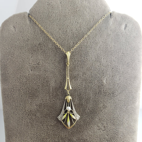 14k gold Nouveau enamel & pearl necklace pendant lavaliere