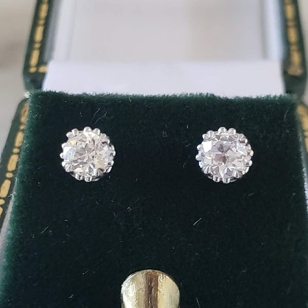 14k white gold old mine cut diamond scroll studs earrings - .53ct tw