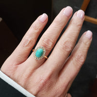 18k yellow gold Victorian turquoise & mine cut diamond halo ring