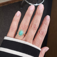 18k yellow gold Victorian turquoise & mine cut diamond halo ring