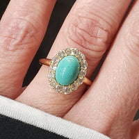 18k yellow gold Victorian turquoise & mine cut diamond halo ring