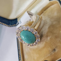 18k yellow gold Victorian turquoise & mine cut diamond halo ring