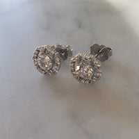 14k gold white gold old European cut diamond Deco style halo studs - .82ct tw