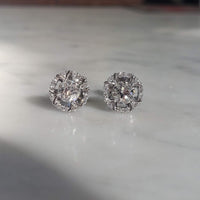 14k gold white gold old European cut diamond Deco style halo studs - .82ct tw