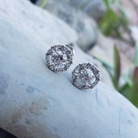 14k gold white gold old European cut diamond Deco style halo studs - .82ct tw