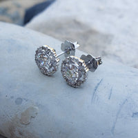 14k gold white gold old European cut diamond Deco style halo studs - .82ct tw