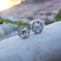 14k gold white gold old European cut diamond Deco style halo studs - .82ct tw