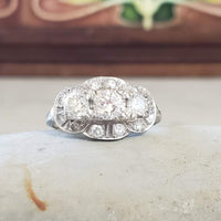 14k white c.30s - c.40s cluster 3 stone diamond ring