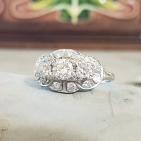 14k white c.30s - c.40s cluster 3 stone diamond ring