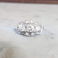 14k white c.30s - c.40s cluster 3 stone diamond ring