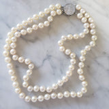 14k white gold mid century Honora double strand pearl necklace with detachable diamond clasp - pin