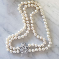 14k white gold mid century Honora double strand pearl necklace with detachable diamond clasp - pin