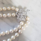 14k white gold mid century Honora double strand pearl necklace with detachable diamond clasp - pin