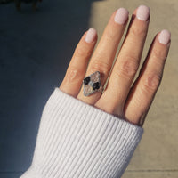 14k white gold c.20s filigree Deco diamond black onyx & quartz Ring