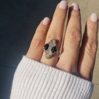 14k white gold c.20s filigree Deco diamond black onyx & quartz Ring