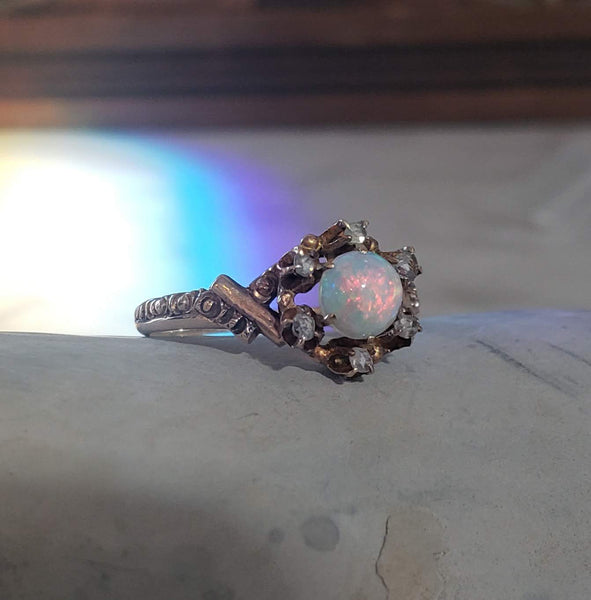 10k gold Victorian opal & rose cut diamond ring