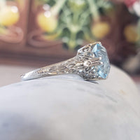 14k white gold c.1920s filigree Aquamarine ring