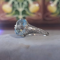 14k white gold c.1920s filigree Aquamarine ring