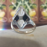 14k white gold c.20s filigree Deco diamond black onyx & quartz Ring