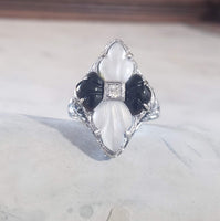 14k white gold c.20s filigree Deco diamond black onyx & quartz Ring