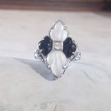 14k white gold c.20s filigree Deco diamond black onyx & quartz Ring