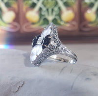14k white gold c.20s filigree Deco diamond black onyx & quartz Ring