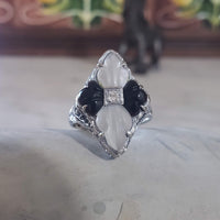 14k white gold c.20s filigree Deco diamond black onyx & quartz Ring