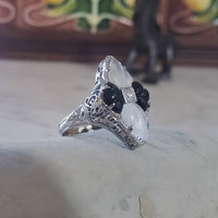 14k white gold c.20s filigree Deco diamond black onyx & quartz Ring